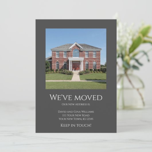 引っ越しましたシンプルフォトグレー移動 案内状 (スタンド正面)