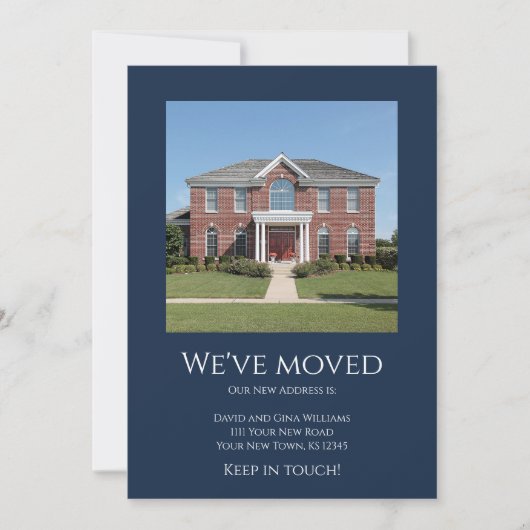 引っ越しましたシンプル写真ネイビーブルームービング 案内状 (正面)