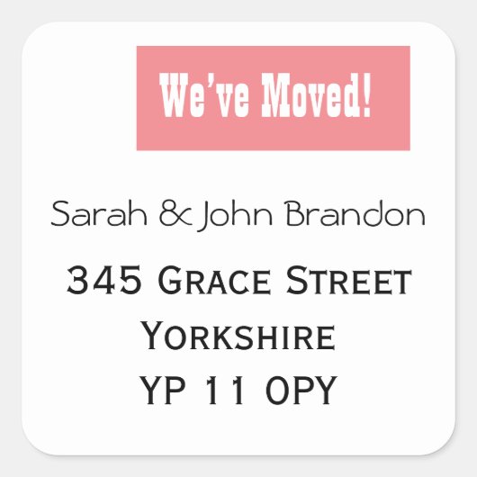 引っ越しましたシンプル発表ピンク スクエアシール (正面)