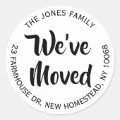 引っ越しましたシンプル白黒差出人住所 ラウンドシール (正面)