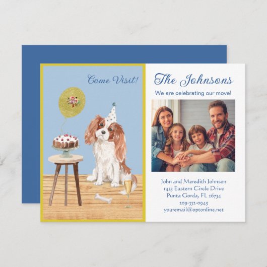 引っ越しましたスパニエル犬家族写真予算 案内状 (正面/裏面)