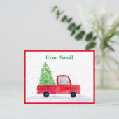 引っ越しましたツリー付き赤トラック 案内ポストカード (スタンド正面)