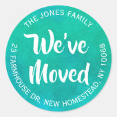 引っ越しましたティール（緑がかった色）水カラー差出人住所ラベル ラウンドシール (正面)