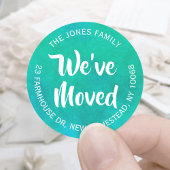 引っ越しましたティール（緑がかった色）水カラー差出人住所ラベル ラウンドシール