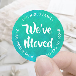 引っ越しましたティール(緑がかった色)水カラー差出人住所ラベル ラウンドシール