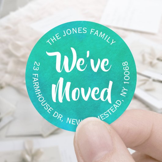 引っ越しましたティール（緑がかった色）水カラー差出人住所ラベル ラウンドシール