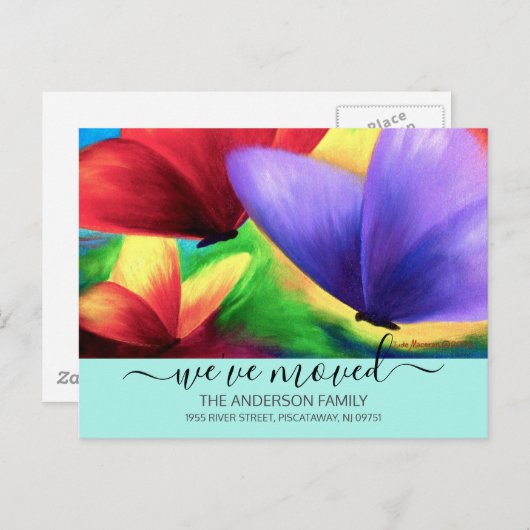 引っ越しましたティール(緑がかった色)移動案内蝶 ポストカード (正面/裏面)