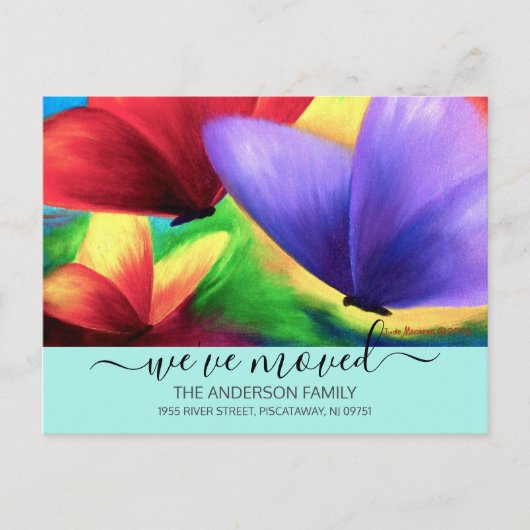 引っ越しましたティール(緑がかった色)移動案内蝶 ポストカード (正面)