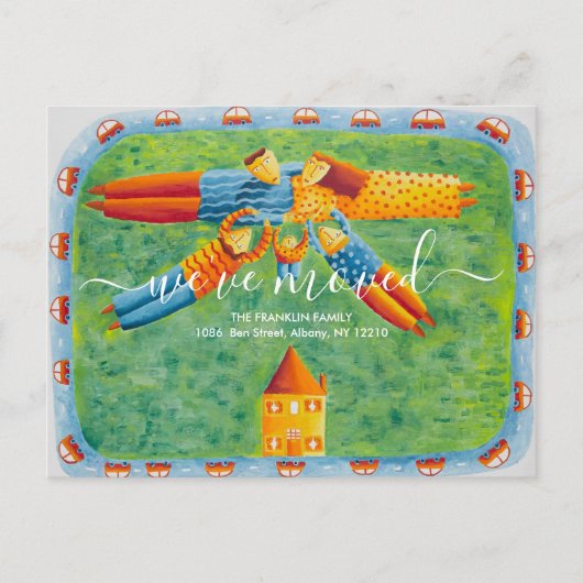 引っ越しましたニューホームカワイファミリーイラストレーション 案内ポストカード (正面)