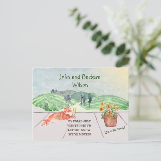 引っ越しましたバジェットカントリー側ファミリーキャットムービング 案内ポストカード (スタンド正面)