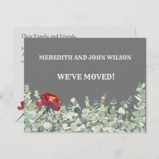 引っ越しましたバジェットユーカリプトゥスグリーンエレガント移動中 案内状 (正面/裏面)