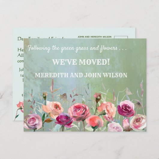 引っ越しましたバジェット水カラーフローラ移動 案内ポストカード (正面/裏面)