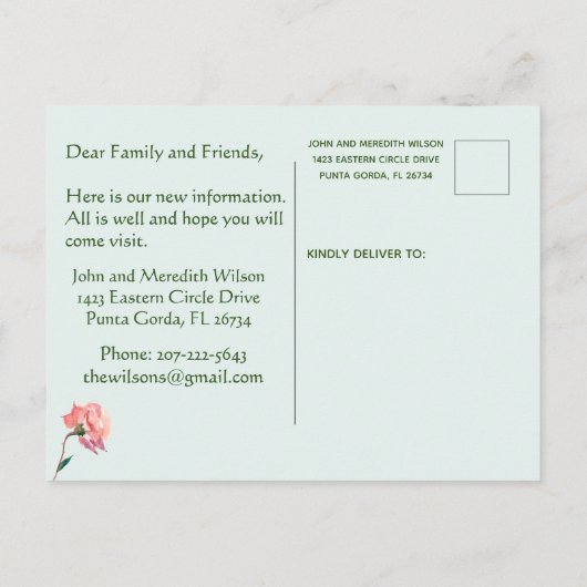 引っ越しましたバジェット水カラーフローラ移動 案内ポストカード (裏面)