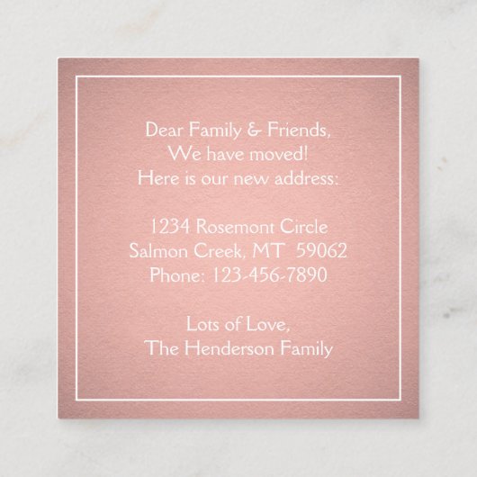 引っ越しましたバラフェイク金ゴールドフォイル筐体カード スクエア名刺 (裏面)