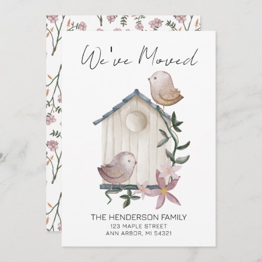 引っ越しましたバードハウスニューホームムービングアナウンスメント 招待状 (正面/裏面)