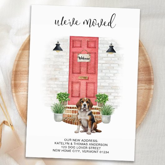 引っ越しましたビーグル赤いドア水の色の犬の移動 案内状