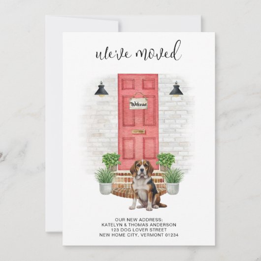 引っ越しましたビーグル赤いドア水の色の犬の移動 案内状 (正面)
