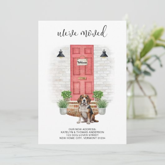 引っ越しましたビーグル赤いドア水の色の犬の移動 案内状 (スタンド正面)
