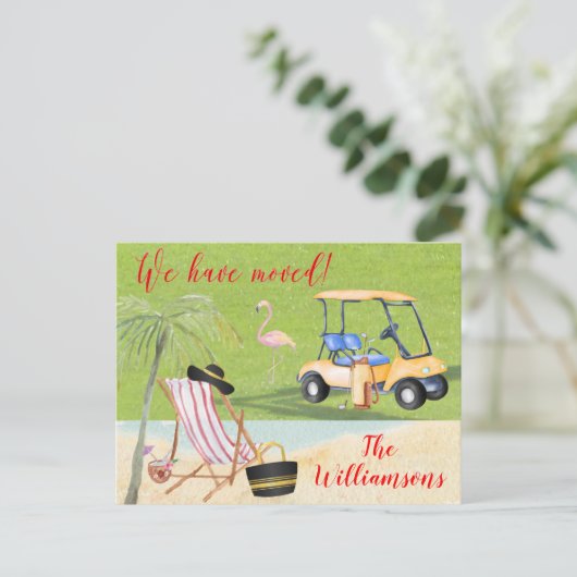 引っ越しましたビーチバジェットパームツリーズゴルフムーブ 案内ポストカード (スタンド正面)