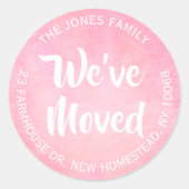 引っ越しましたピンクの水カラー差出人住所ラベル ラウンドシール (正面)