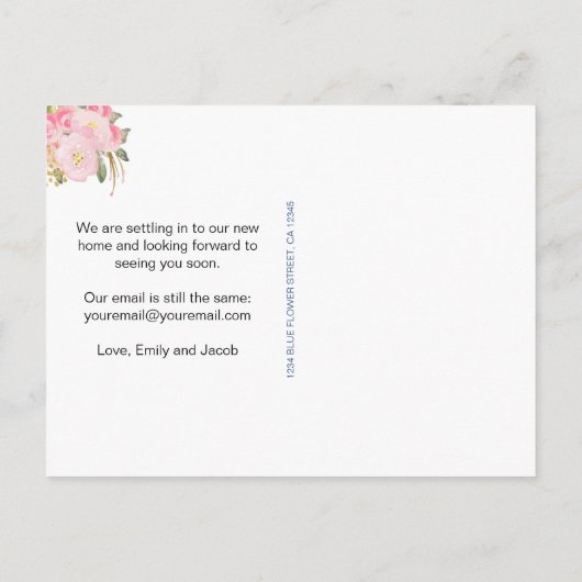 引っ越しましたピンクウォーター色フローラ新しいアドレス 案内ポストカード (裏面)