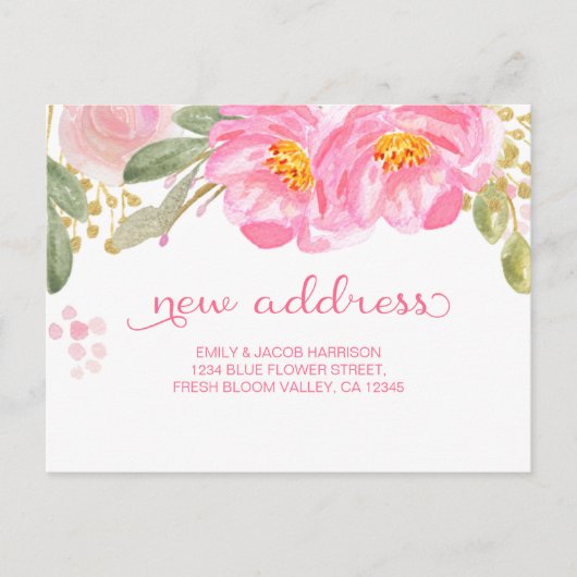 引っ越しましたピンクウォーター色フローラ新しいアドレス 案内ポストカード (正面)