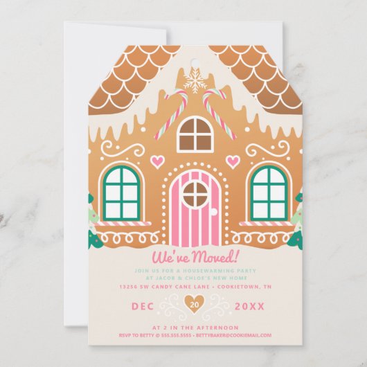 引っ越しましたピンクジンジャーブレッド引っ越し祝いパーティー 招待状 (正面)