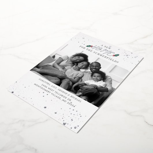 引っ越しましたファミリークリスマスホリデーズムービング 箔シーズンカード (回転した状態)