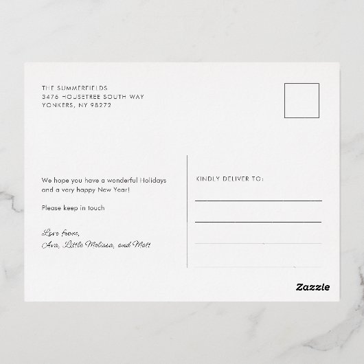 引っ越しましたファミリークリスマス移動バラ金ゴールド 箔シーズンポストカード (裏面)