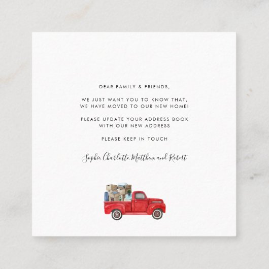 引っ越しましたファミリー水の色の移動の発表 スクエア名刺 (裏面)