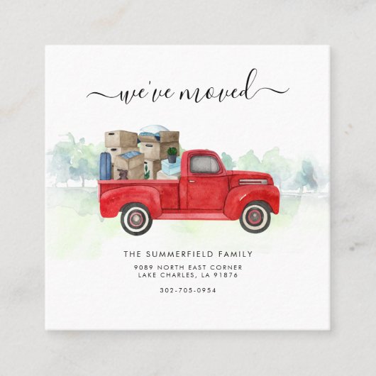 引っ越しましたファミリー水の色の移動の発表 スクエア名刺 (正面)