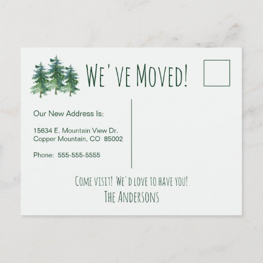引っ越しましたフォレストマウンテンパインズウォーターカラー 案内ポストカード (裏面)