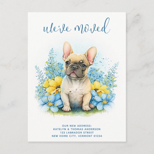 引っ越しましたフランスのブルドッグ子犬の移動 案内ポストカード (正面)