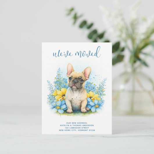 引っ越しましたフランスのブルドッグ子犬の移動 案内ポストカード (スタンド正面)
