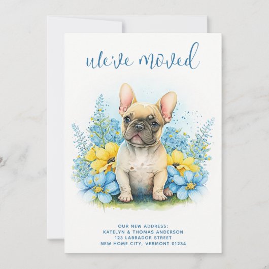 引っ越しましたフランスのブルドッグ子犬の移動 案内状 (正面)