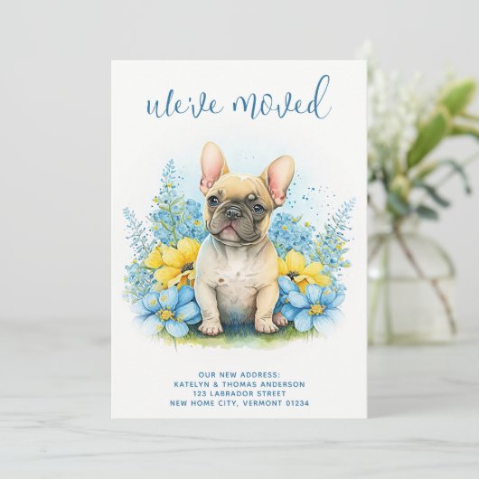 引っ越しましたフランスのブルドッグ子犬の移動 案内状 (スタンド正面)