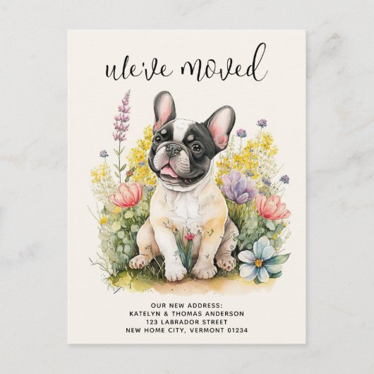 引っ越しましたフランスのブルドッグ子犬フローラ犬の移動 案内ポストカード (正面)