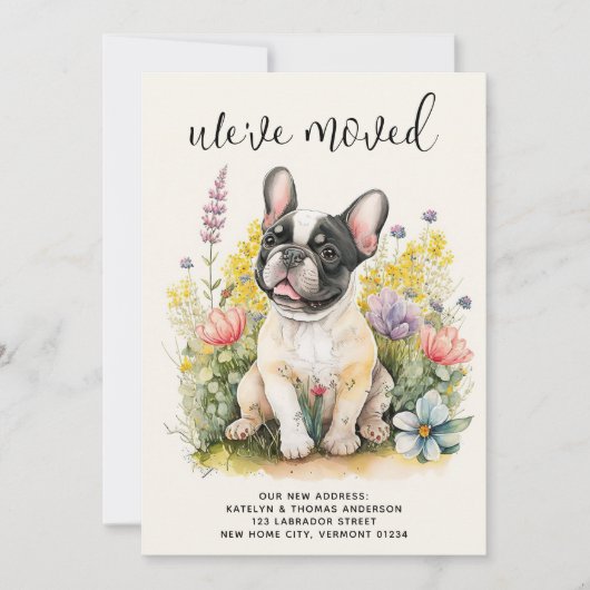 引っ越しましたフランスのブルドッグ子犬フローラ犬の移動 案内状 (正面)
