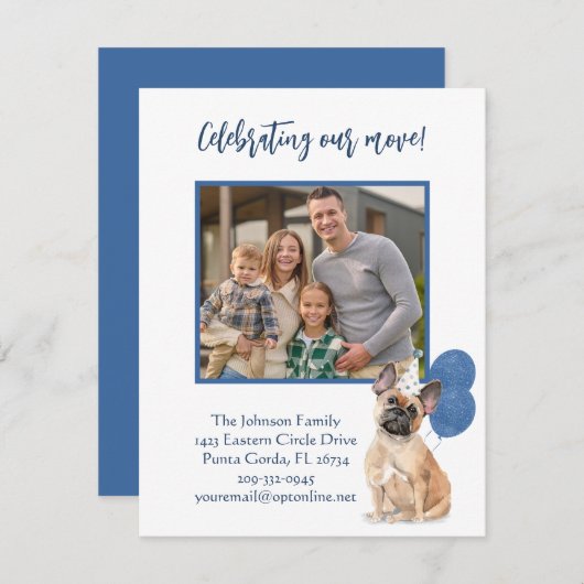 引っ越しましたフランスのブルドッグ家族写真予算 案内状 (正面/裏面)