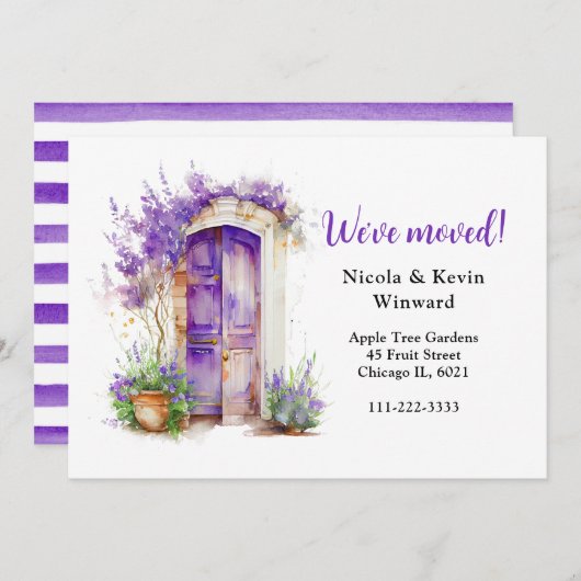 引っ越しましたフローラパープルラベンダードア 案内状 (正面/裏面)
