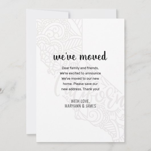 引っ越しましたフローラマンダラカリフォルニア州ホーム 案内状 (裏面)