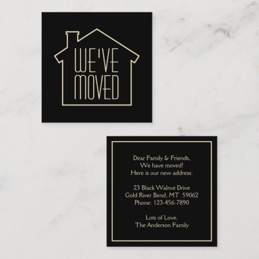 引っ越しましたブラックおよび金ゴールドモダンエンクロージャカード スクエア名刺 (正面/裏面)