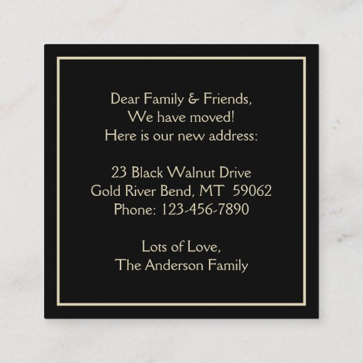 引っ越しましたブラックおよび金ゴールドモダンエンクロージャカード スクエア名刺 (裏面)