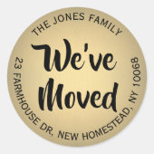 引っ越しましたブラック&金ゴールドフォイルフェイク差出人住所 ラウンドシール (正面)