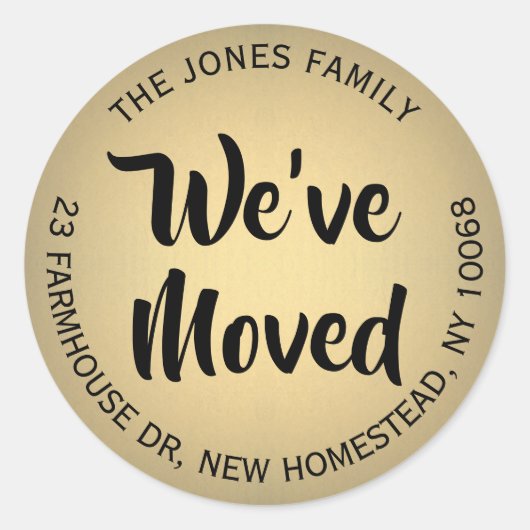 引っ越しましたブラック&金ゴールドフォイルフェイク差出人住所 ラウンドシール (正面)