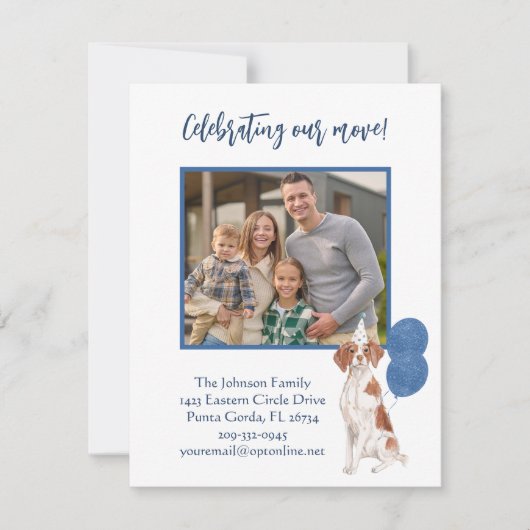 引っ越しましたブリタニースパニエル犬ファミリーフォトバジェット 案内状 (正面)