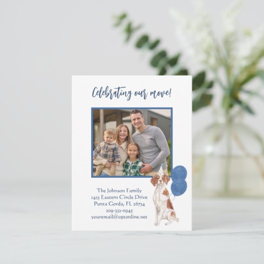 引っ越しましたブリタニースパニエル犬ファミリーフォトバジェット 案内状 (スタンド正面)