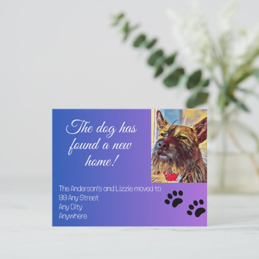 引っ越しましたペットの写真の新しいアドレス通知 案内ポストカード (スタンド正面)