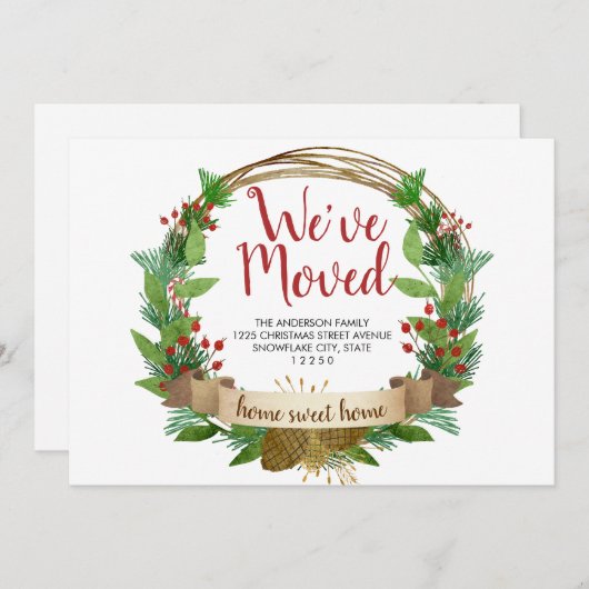 引っ越しましたホリデークリスマスアコーンリースムービング 案内状 (正面/裏面)