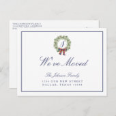 引っ越しましたホリデークリスマスリースボウモノグラム 案内ポストカード (正面/裏面)